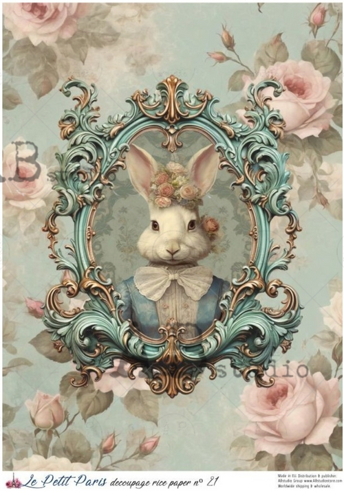 A4 LPP Vintage  Round Framed Bunny Rice Paper Le Petit Paris 21