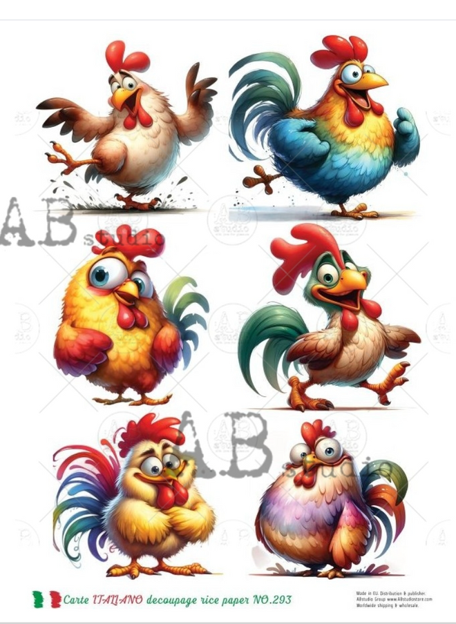 A4 6 Cartoon Chickens  Decoupage Carte Italiano 293