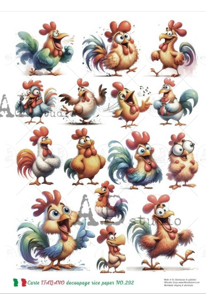 A4 6 Cartoon Chickens  at Play Multi Decoupage Carte Italiano 292