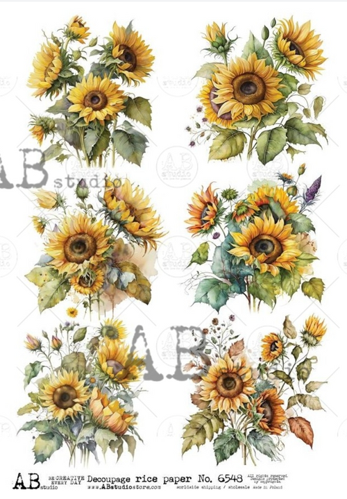 A4 AB Small Sunflower Multi Decoupage Rice Paper, 6548