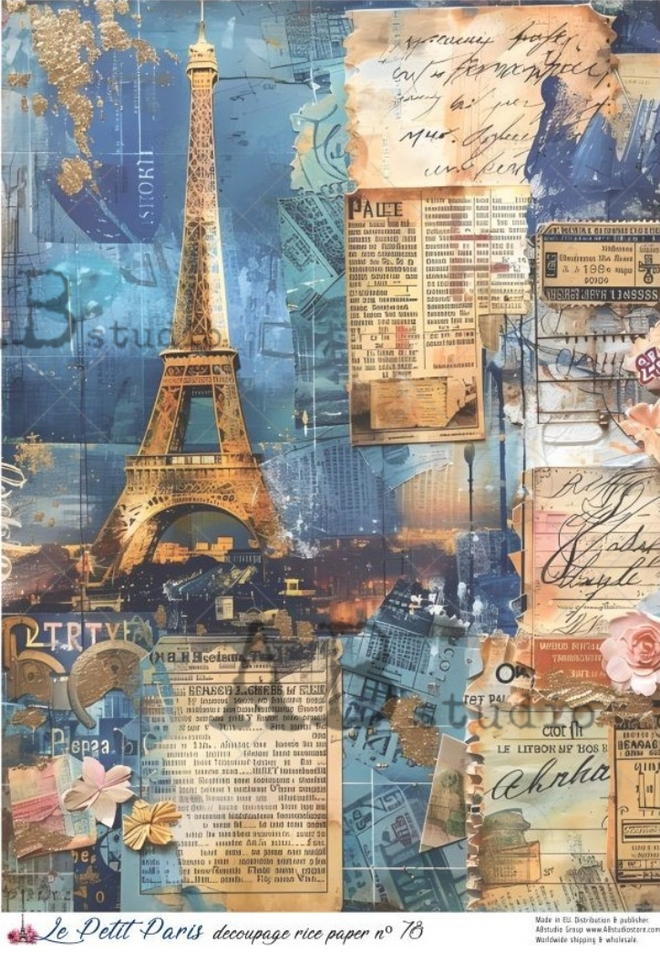 A4 LPP  Blue Eiffel Tower Collage Rice Paper Le Petit Paris 78