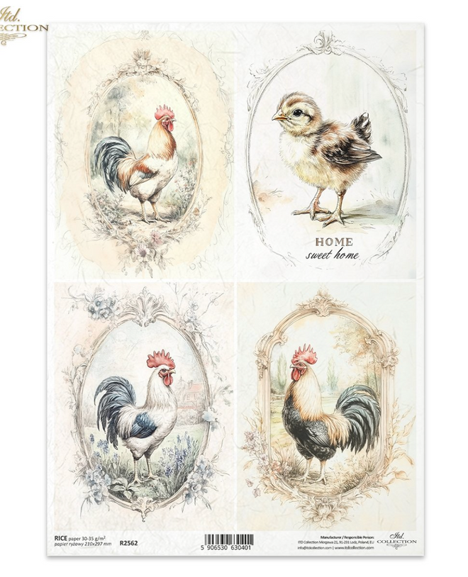 A4 Rustic Vintage ROOSTER Quad Decoupage Paper R2562