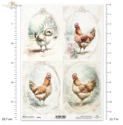 A4 Rustic Vintage HEN Quad Decoupage Paper R2563