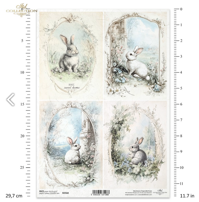 A4 Rustic Vintage BUNNY Quad Decoupage Paper R2568