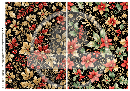 A3 Gilded Poinsettia & Holly Scrolls Rice Paper DC5110 - Decoupage Central