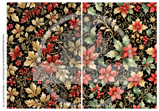 A3 Gilded Poinsettia & Holly Scrolls Rice Paper DC5110 - Decoupage Central