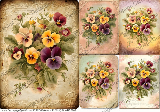 A3 Heirloom Pansies Rice Paper DC5200 - Decoupage Central