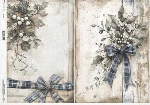 A3 ITD Blue Ribbon Holly & Mistletoe Decoupage Paper R1514L - Decoupage Central