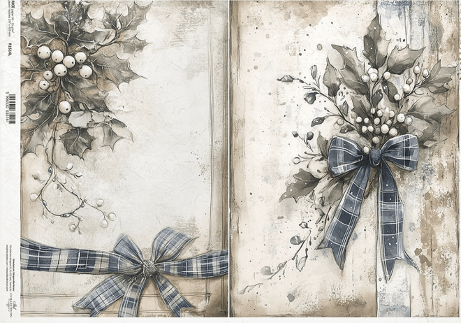 A3 ITD Blue Ribbon Holly & Mistletoe Decoupage Paper R1514L - Decoupage Central