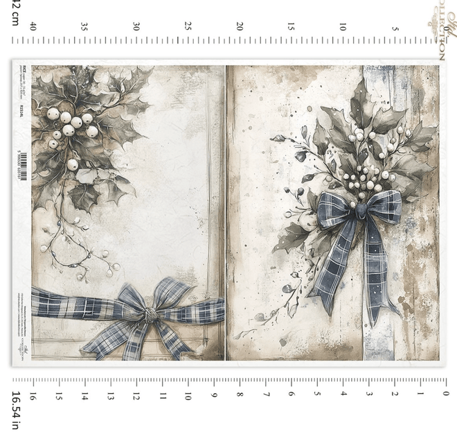 A3 ITD Blue Ribbon Holly & Mistletoe Decoupage Paper R1514L - Decoupage Central