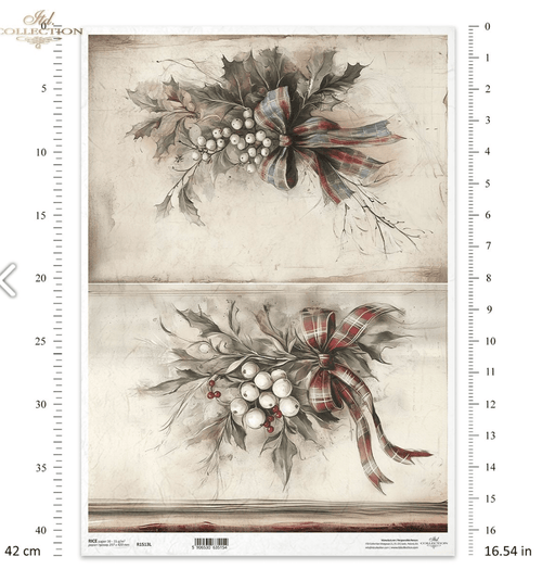 A3 ITD RED Ribbon Holly & Mistletoe Decoupage Paper R1513L - Decoupage Central