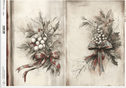 A3 ITD RED Ribbon Holly & Mistletoe Decoupage Paper R1513L - Decoupage Central