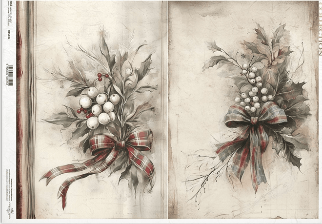 A3 ITD RED Ribbon Holly & Mistletoe Decoupage Paper R1513L - Decoupage Central