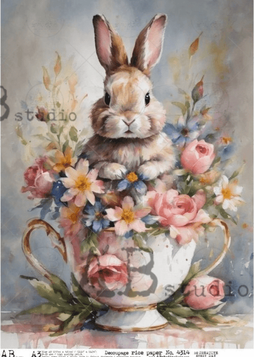 A3 Teacup Bunny Flowers Rice Paper, AB Studios 4314 - Decoupage Central