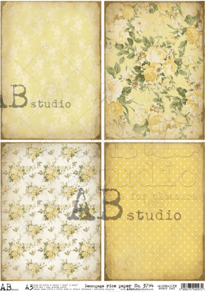 A3 Vintage Yellow Background Quad Rice Paper, AB Studios 3794 - Decoupage Central