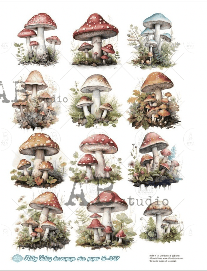 A4 12 Colorful Mushrooms, Milky Valley ID337 - Decoupage Central