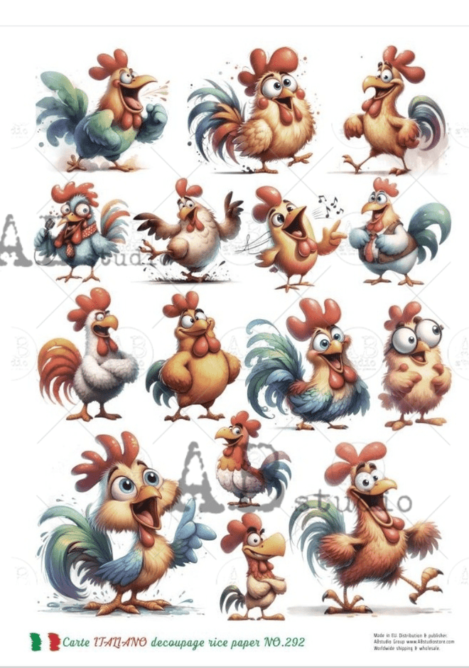 A4 6 Cartoon Chickens at Play Multi Decoupage Carte Italiano 292 - Decoupage Central