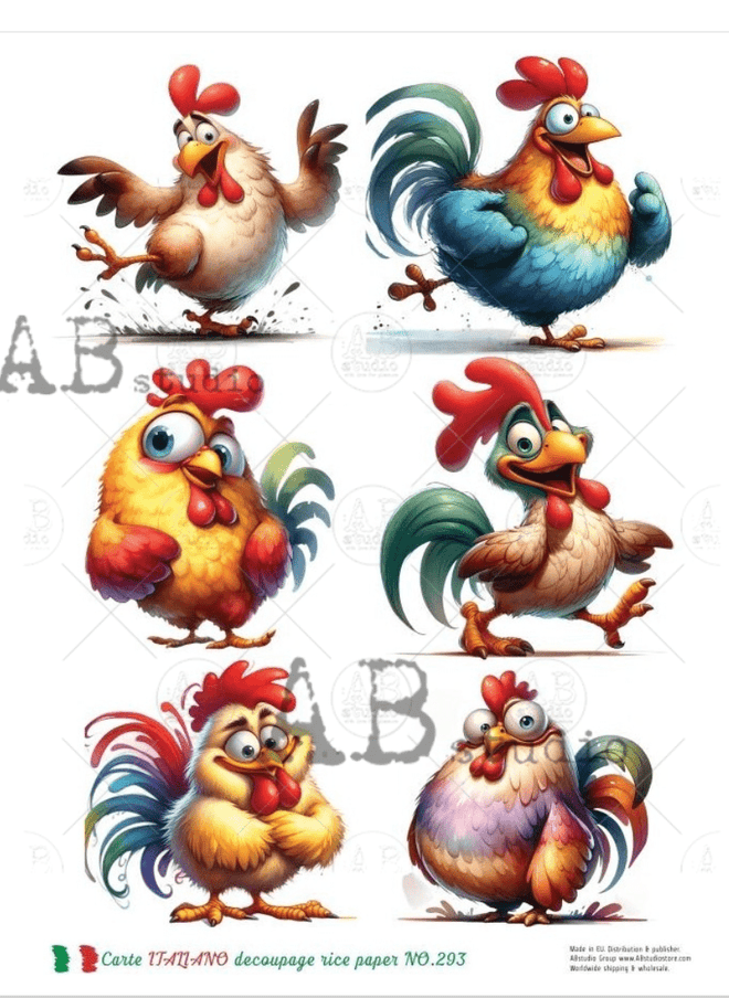 A4 6 Cartoon Chickens Decoupage Carte Italiano 293 - Decoupage Central