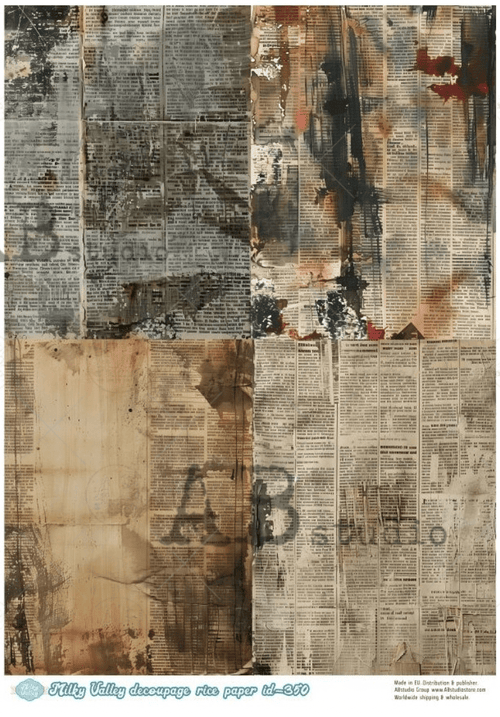 A4 Aged Old Newspaper QUAD Background Decoupage Paper Milky Valley ID350 - Decoupage Central