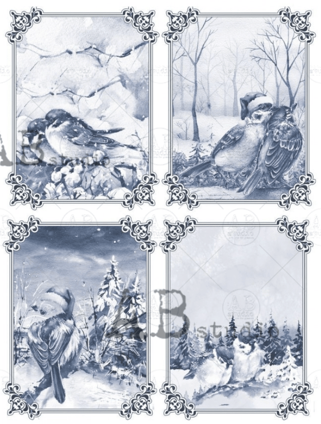 A4 Another Christmas Birds in Blue Rice Paper, AB Studios 2072 - Decoupage Central