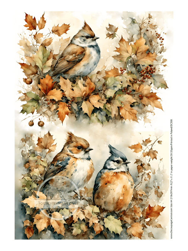 A4 Autumn Bird Wreath Duo Rice Paper DC508 - Decoupage Central