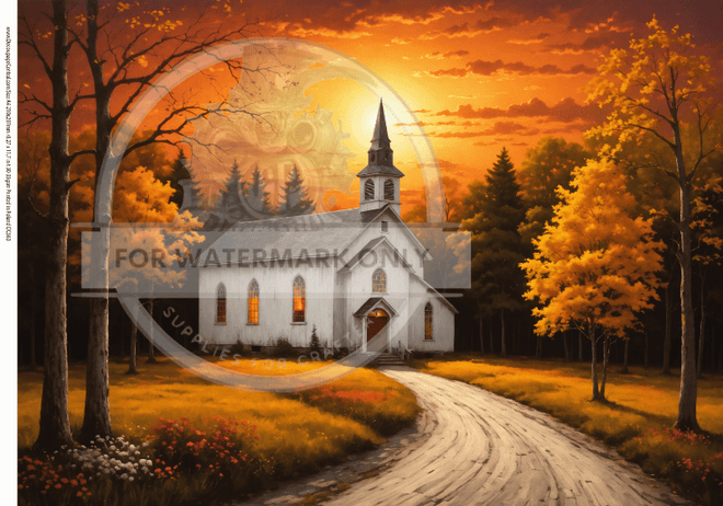 A4 Autumn Church DC563 - Decoupage Central