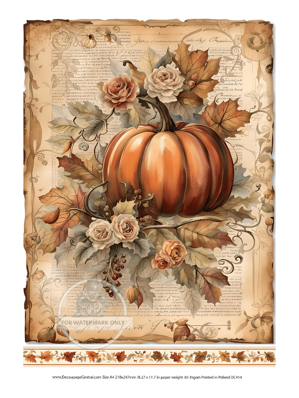 A4 Autumn Pumpkin Floral Rice Paper DC414 - Decoupage Central