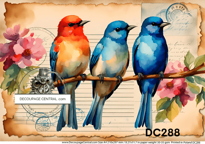 A4 Beautiful Birds Postale Decoupage Rice Paper DC288 - Decoupage Central