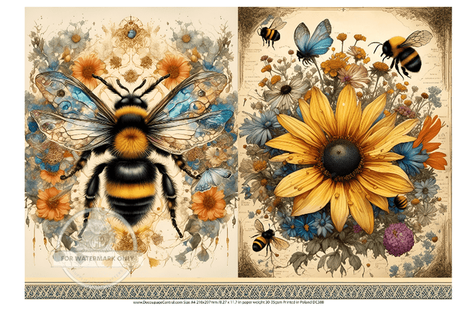 A4 Bee and Daisy Duo Rice Paper DC388 - Decoupage Central