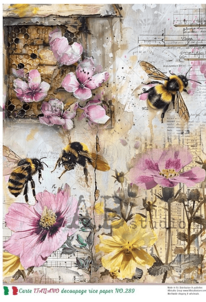 A4 Bee and Flower Collage Quad Carte Italiano 289 - Decoupage Central