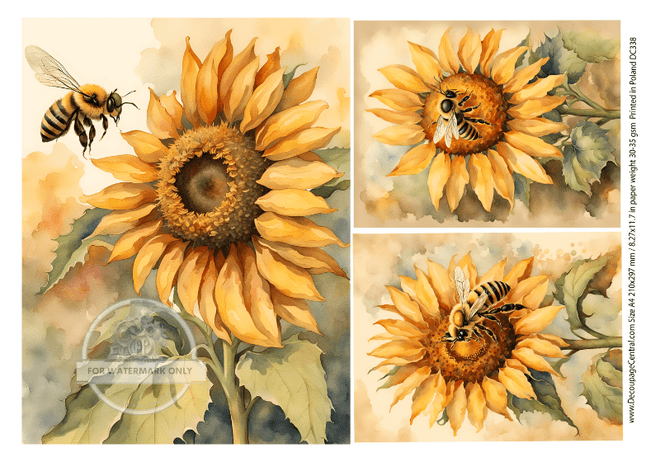 A4 Bee n Sunflowers Rice Paper DC338 - Decoupage Central