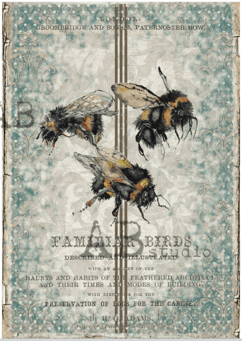 A4 Bees on French Linen Decoupage Rice Paper, 1142 - Decoupage Central