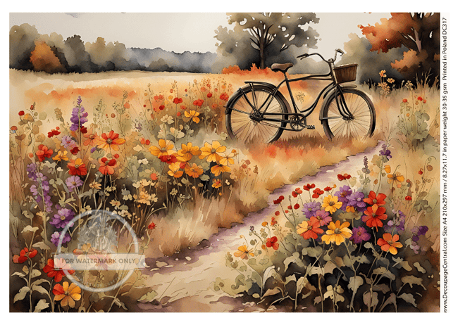 A4 Bicycle in Flowers Paper DC 317 - Decoupage Central