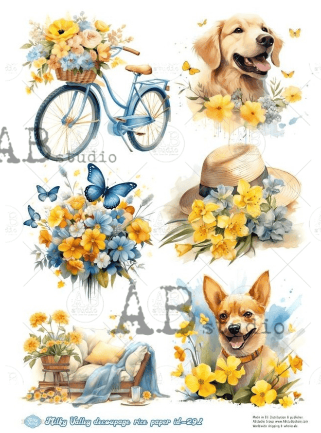 A4 Bicycles and Beautiful Flowers Milky Valley ID291 - Decoupage Central