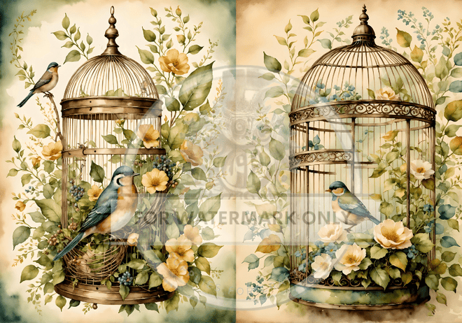 A4 Birdcage Flowers Duo Rice Paper DC633 - Decoupage Central
