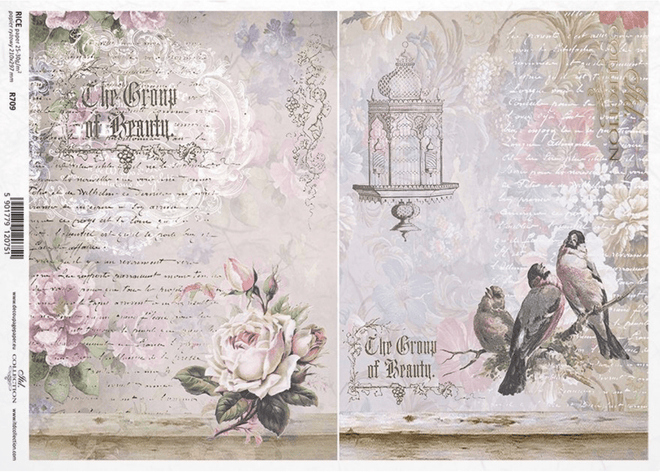 A4 Birds and Roses Parchment Decoupage Paper R0709 - Decoupage Central