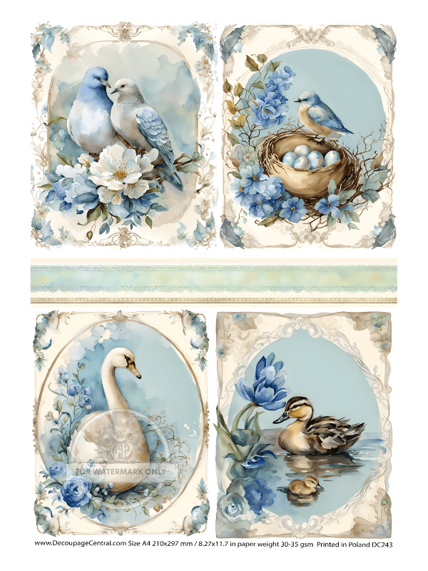 A4 Birds in Blue Rice Paper DC 243 - Decoupage Central