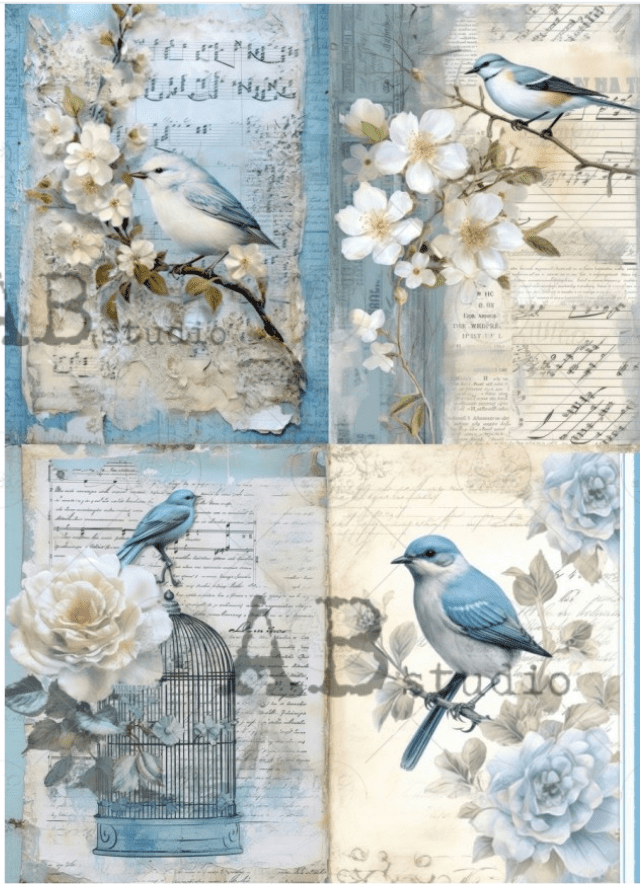 A4 Birds in Blue Rice Paper ID61 - Decoupage Central