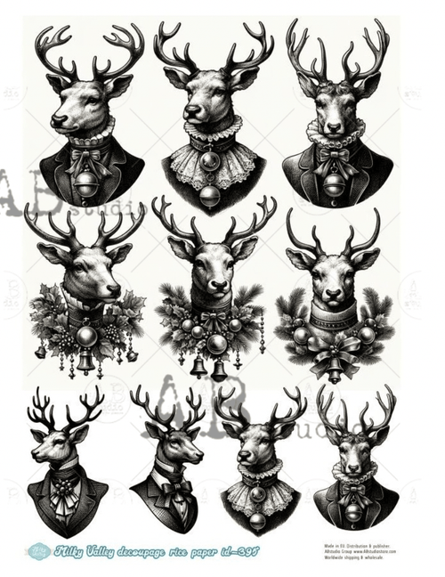 A4 Black and White Christmas Stag Tree Rice Paper, Milky Valley ID395 - Decoupage Central