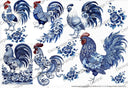 A4 Blue Delft Roosters Rice Paper DC910 - Decoupage Central