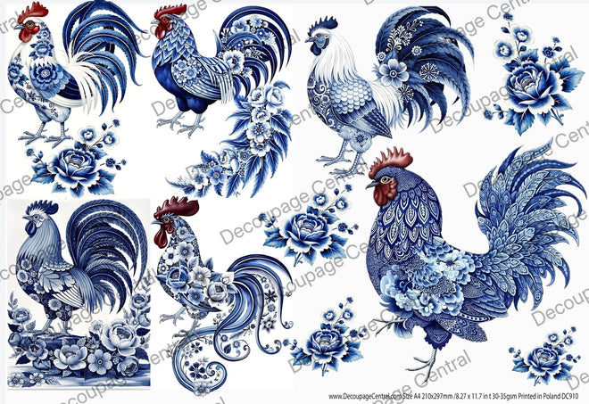 A4 Blue Delft Roosters Rice Paper DC910 - Decoupage Central