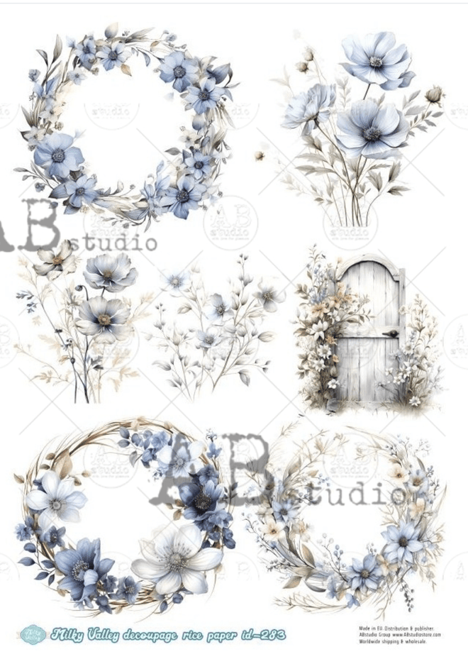 A4 Blue Floral Wreaths Milky ID283 - Decoupage Central