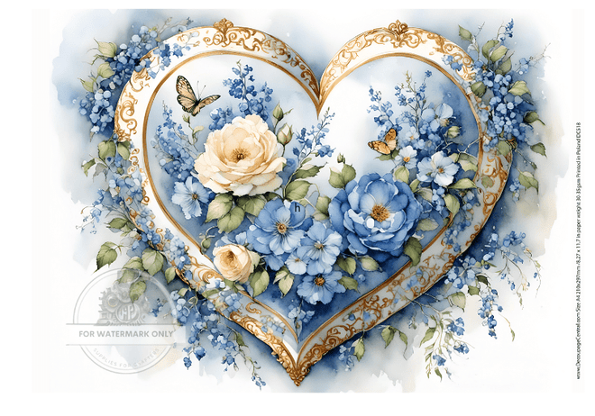 A4 Blue Heart Rice Paper DC518 - Decoupage Central