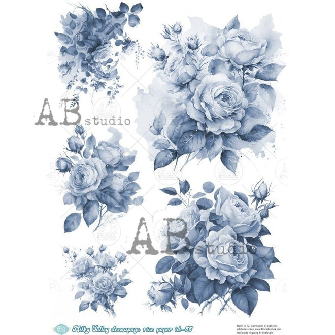 A4 Blue Roses Milky Valley Rice Paper ID55 - Decoupage Central