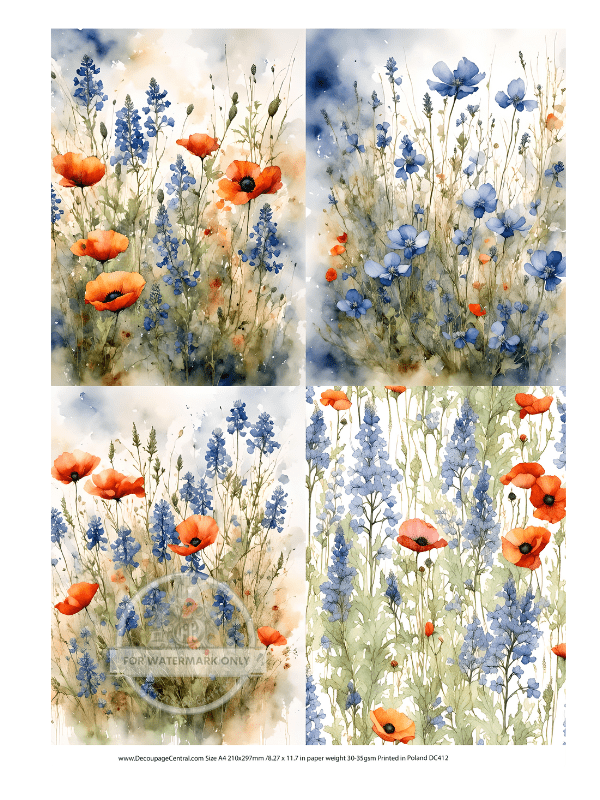 A4 Bluebonnets and Poppies Quad Rice Paper DC412 - Decoupage Central