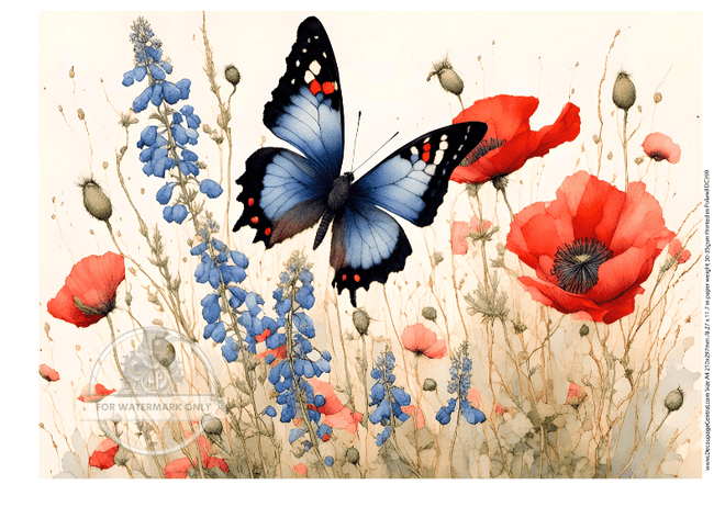 A4 Bluebonnets Poppies and Butterflies Rice Paper DC399 - Decoupage Central