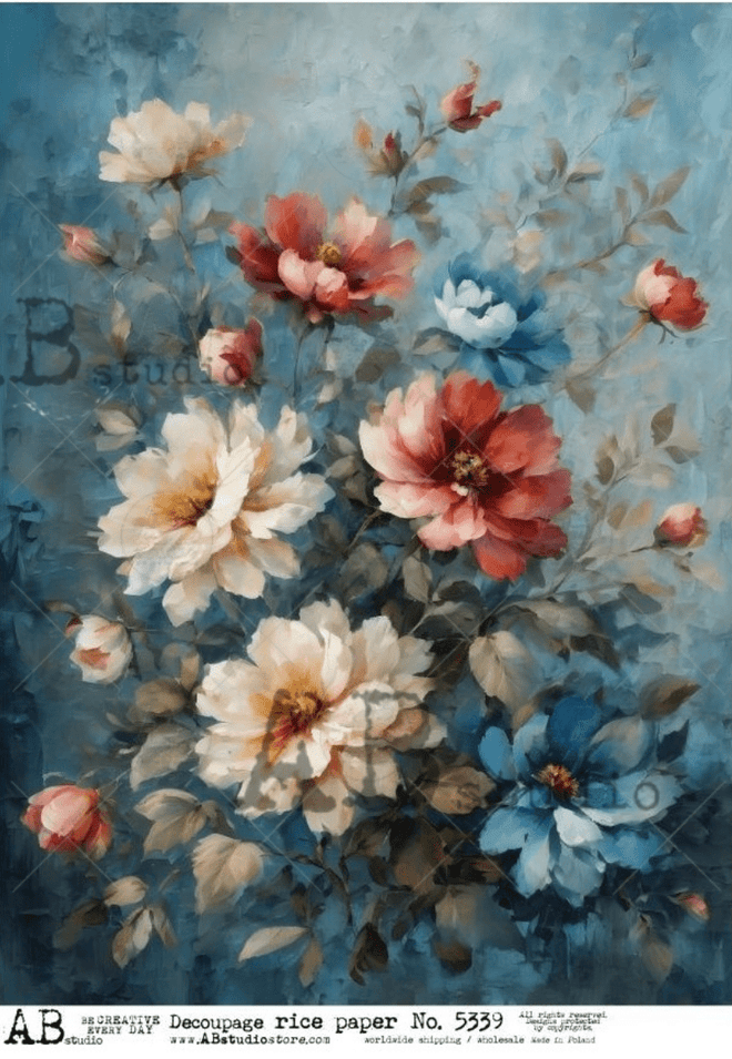 A4 Bold Rose Blue Rice Paper AB Studios 5339 - Decoupage Central