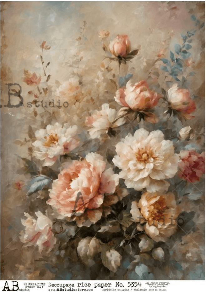 A4 Bold Rose Cream Rice Paper AB Studios 5354 - Decoupage Central