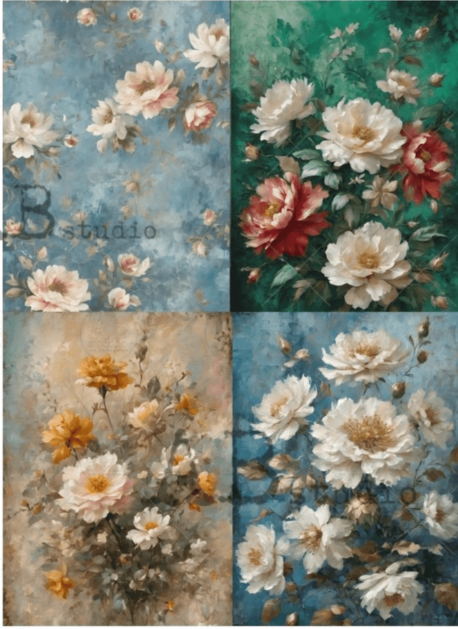 A4 Bold Rose Quad Rice Paper AB Studios 5389 - Decoupage Central