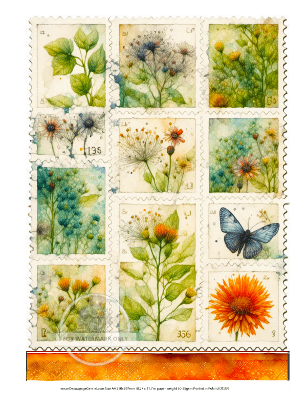 A4 Botanical Postage Stamps Decoupage Rice Paper DC396 - Decoupage Central